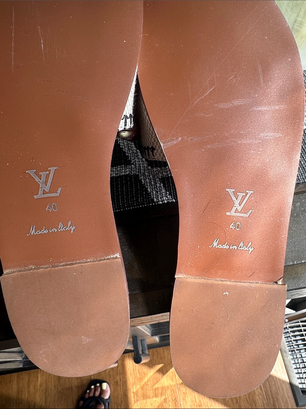 Louis Vuitton Brown Leather Slides with Monogram Canvas Strap - Picture 4 of 4